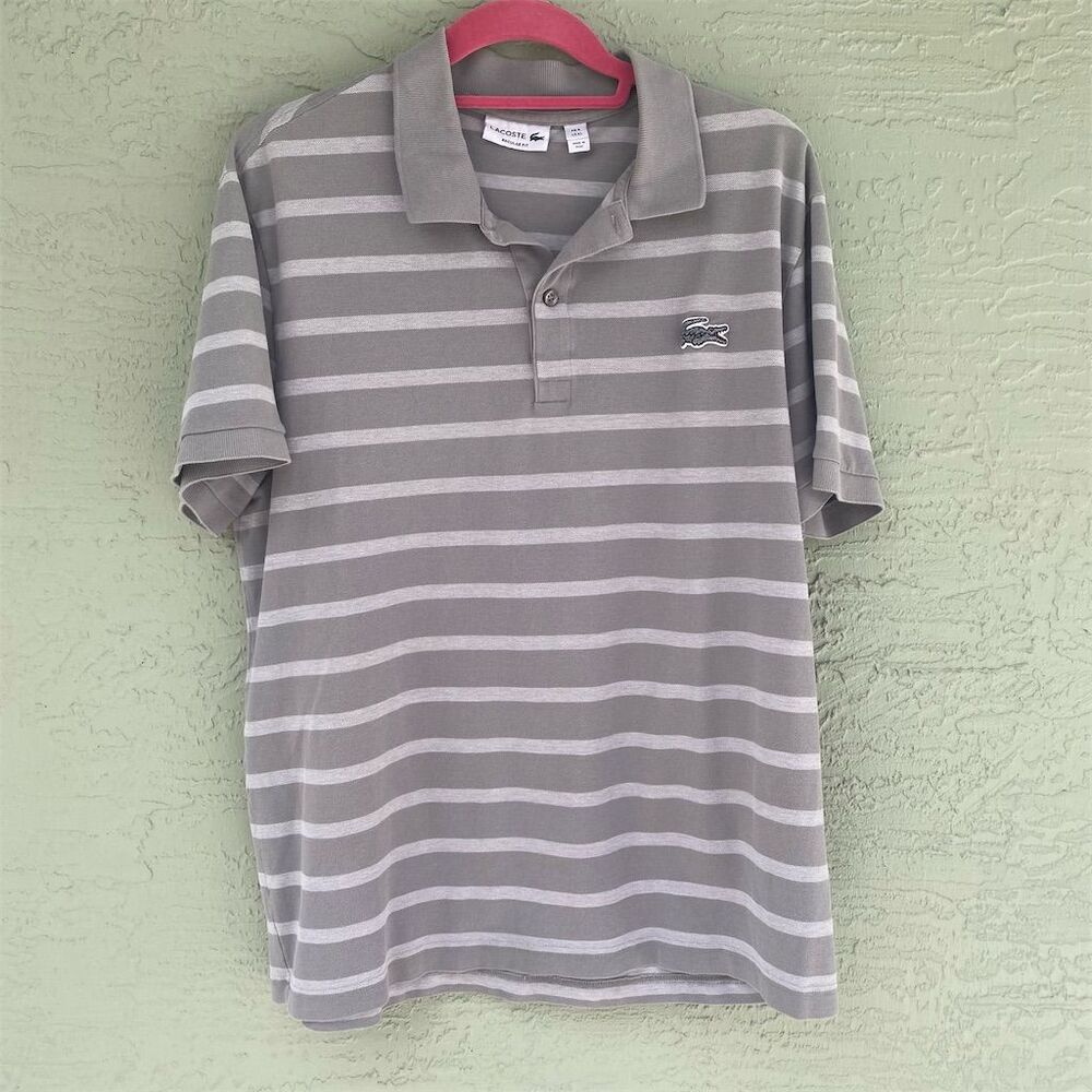 Lacoste Men's XL Gray Striped Polo Shirt Big Crocodile Logo Short Sleeve